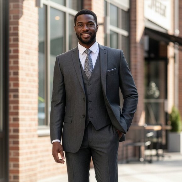 New 2026 Mens 3pc Striped Herringbone Dark Grey Suit Set, Slim Fit